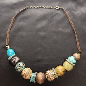 Teal Colored Beading And Wooden Ball Adjustable Necklace Statement Piece